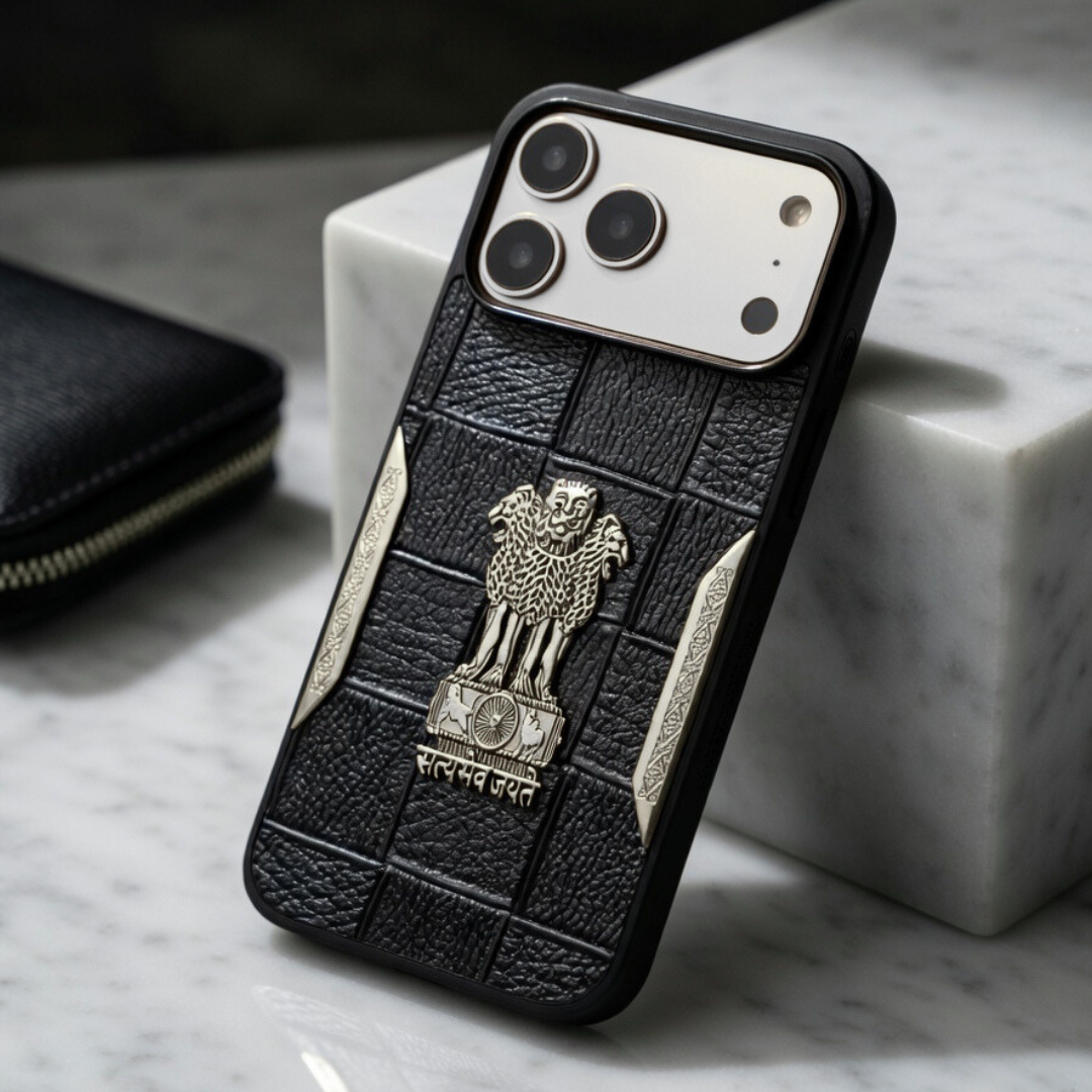 Black Satyameva Jayate embossed Leather Case for Apple iphone 17 Pro