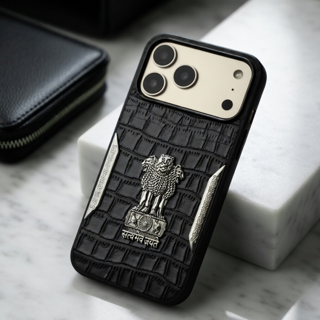 Black Satyameva Jayate embossed Leather Case for Apple iphone 17 Pro