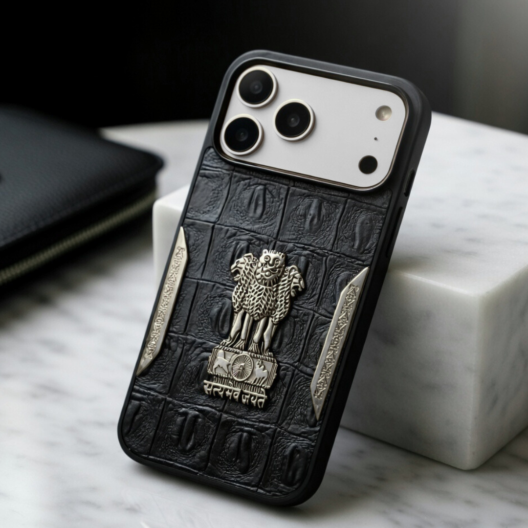 Black Satyameva Jayate embossed Leather Case for Apple iphone 17 Pro