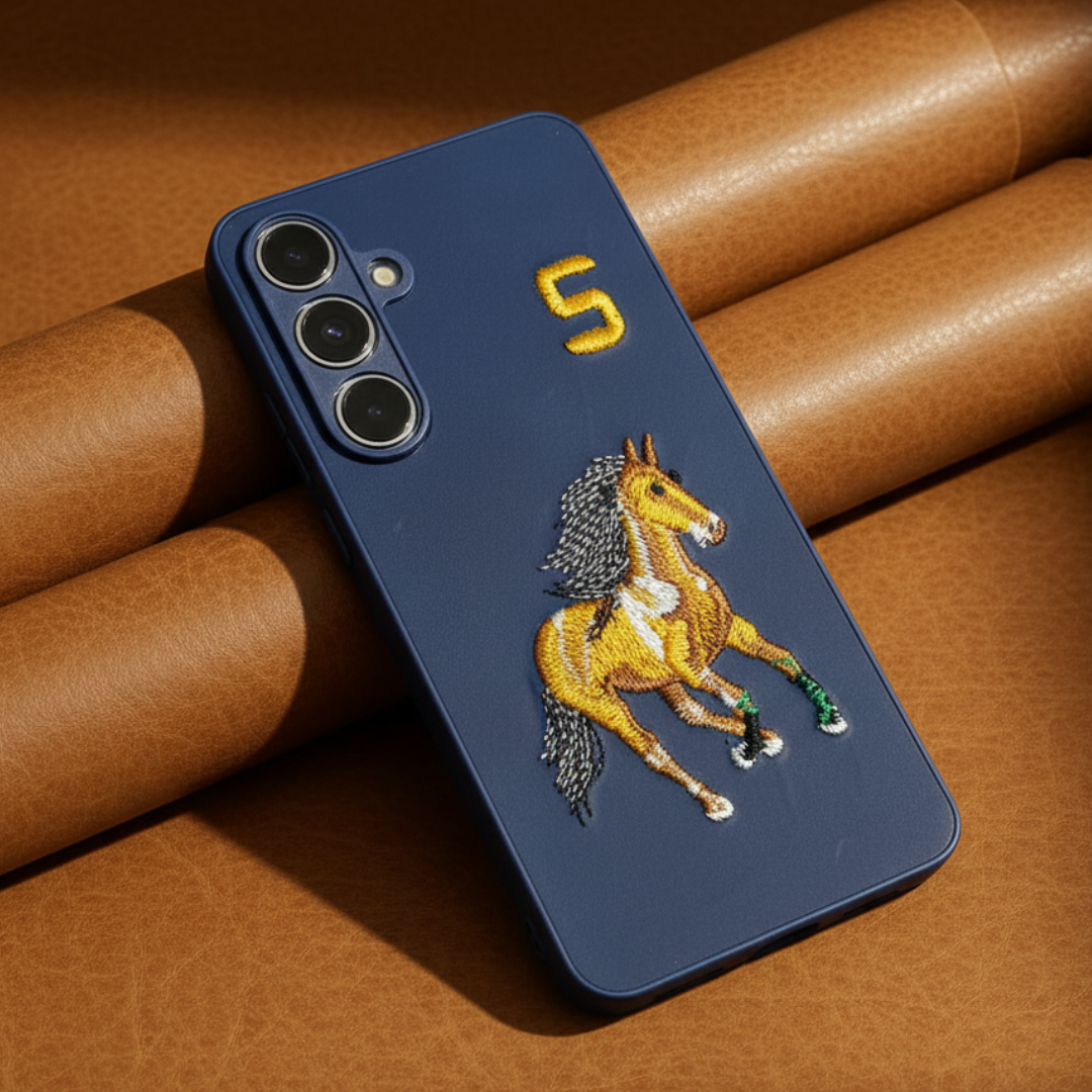 Blue Leather CP Horse No. 5 Ornamented for  Samsung S24 Fe — Goodsys