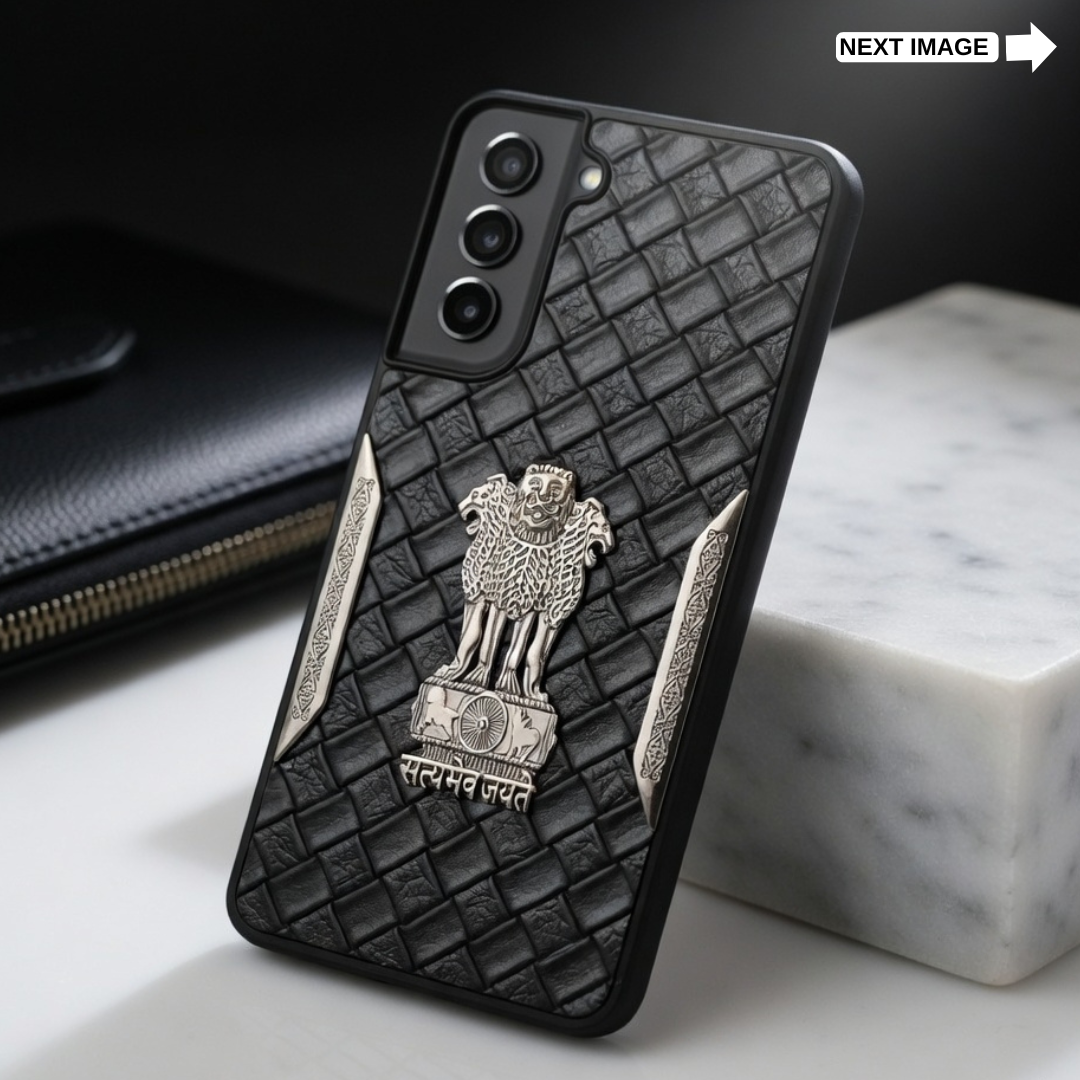 Black Satyameva Jayate embossed Leather Case for Samsung S21 Fe