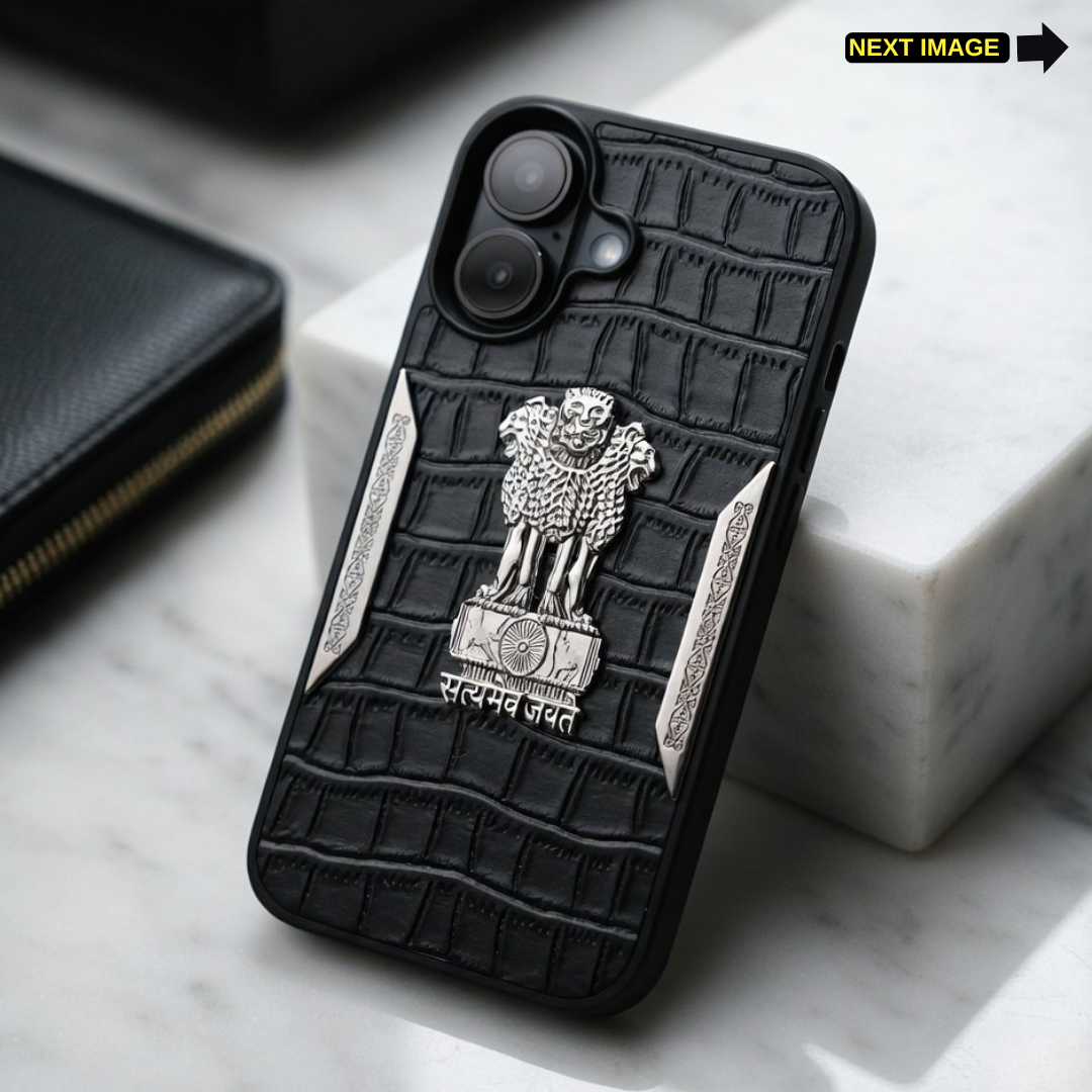 Black Satyameva Jayate embossed Leather Case for Apple iphone 16