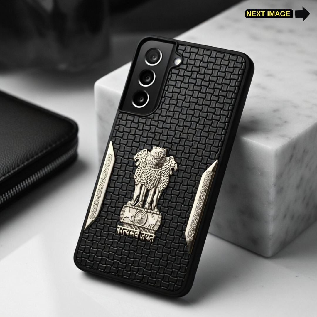 Black Satyameva Jayate embossed Leather Case for Samsung S21 Fe