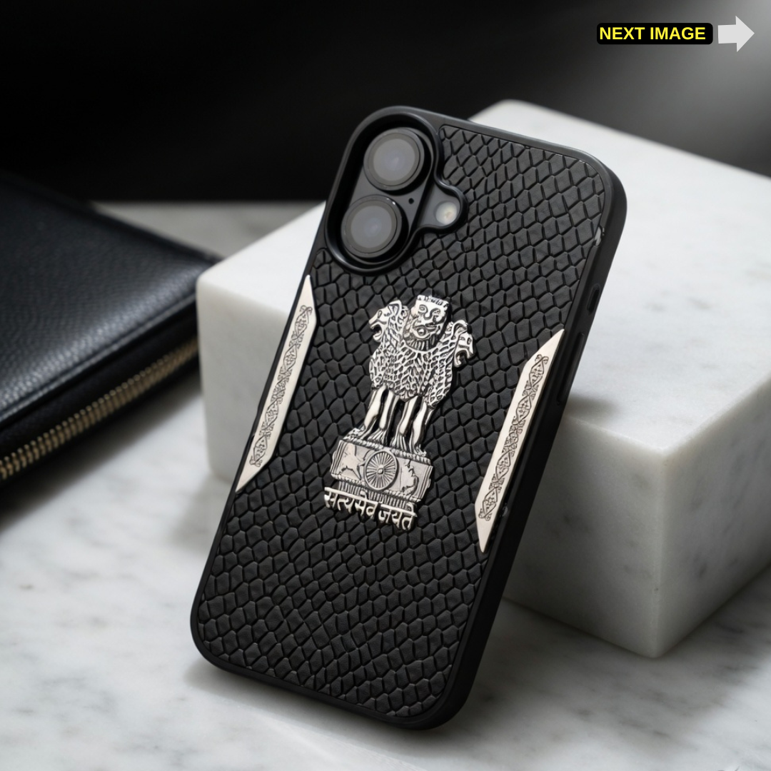 Black Satyameva Jayate embossed Leather Case for Apple iphone 16
