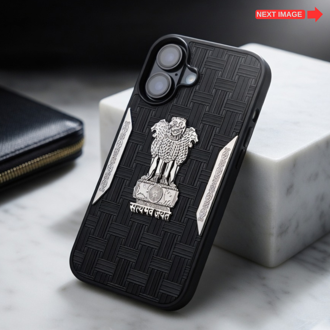 Black Satyameva Jayate embossed Leather Case for Apple iphone 16