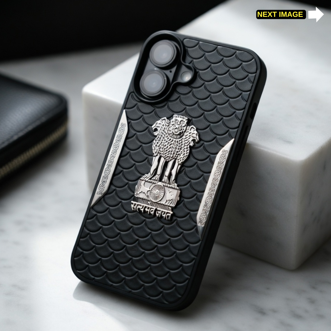 Black Satyameva Jayate embossed Leather Case for Apple iphone 16