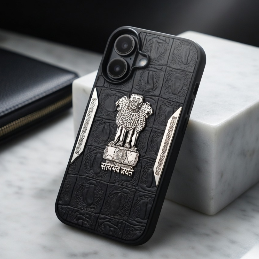 Black Satyameva Jayate embossed Leather Case for Apple iphone 17