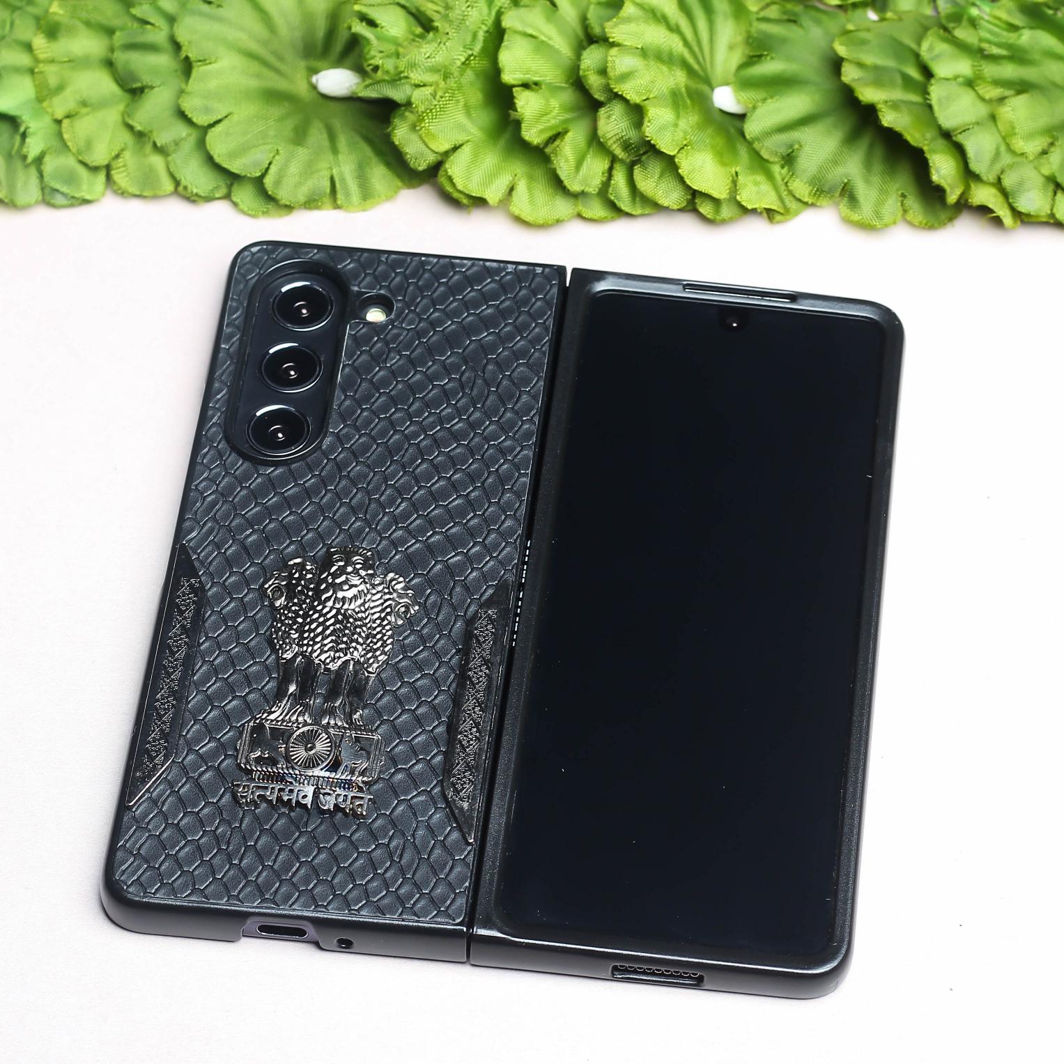 Black Satyameva Jayate embossed Leather Case for Samsung Galaxy Z Fold 5