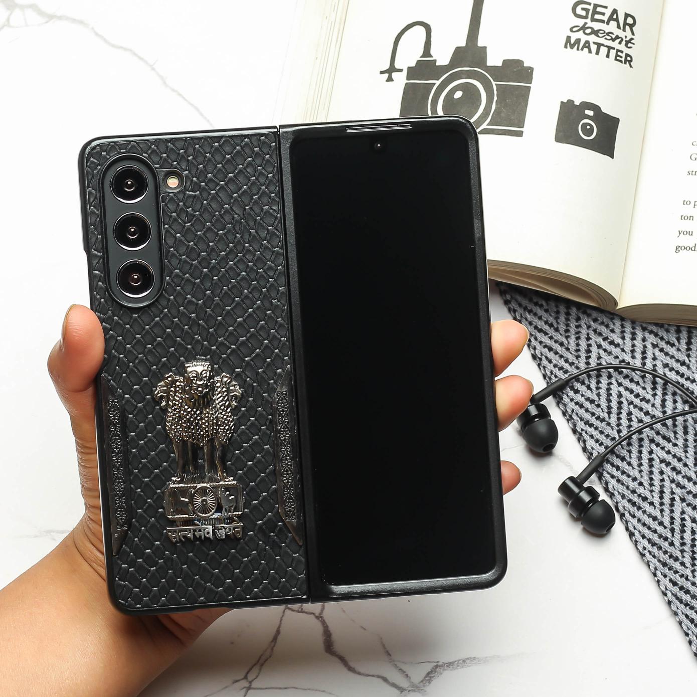 Black Satyameva Jayate embossed Leather Case for Samsung Galaxy Z Fold 3 — Goodsys