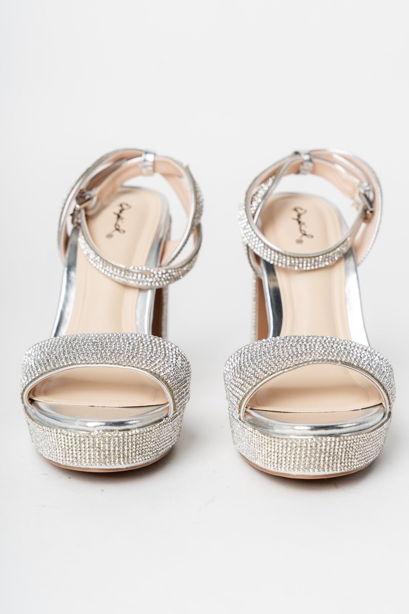 Lighting rhinestone chunky heel silver
