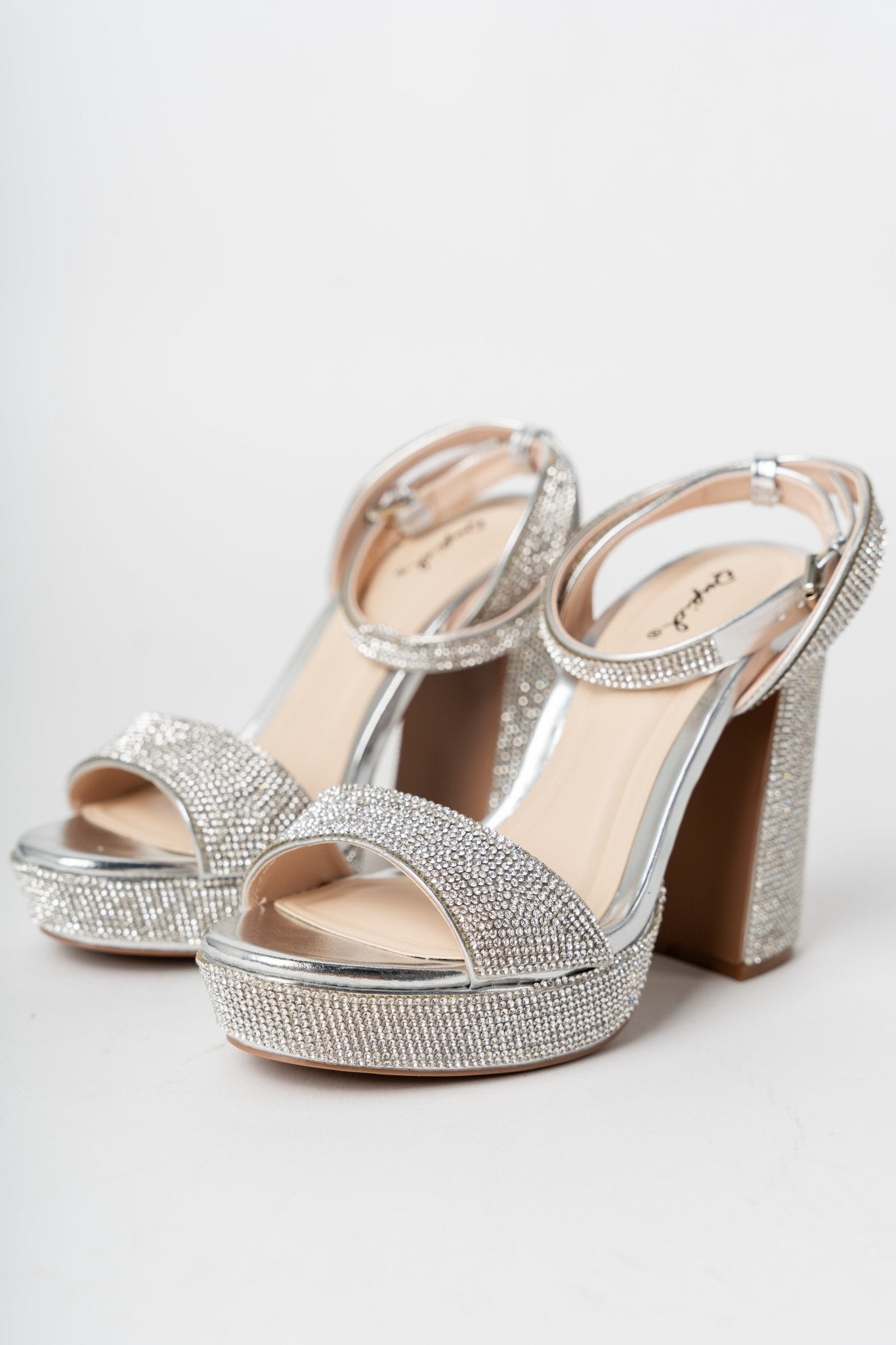 Lighting rhinestone chunky heel silver