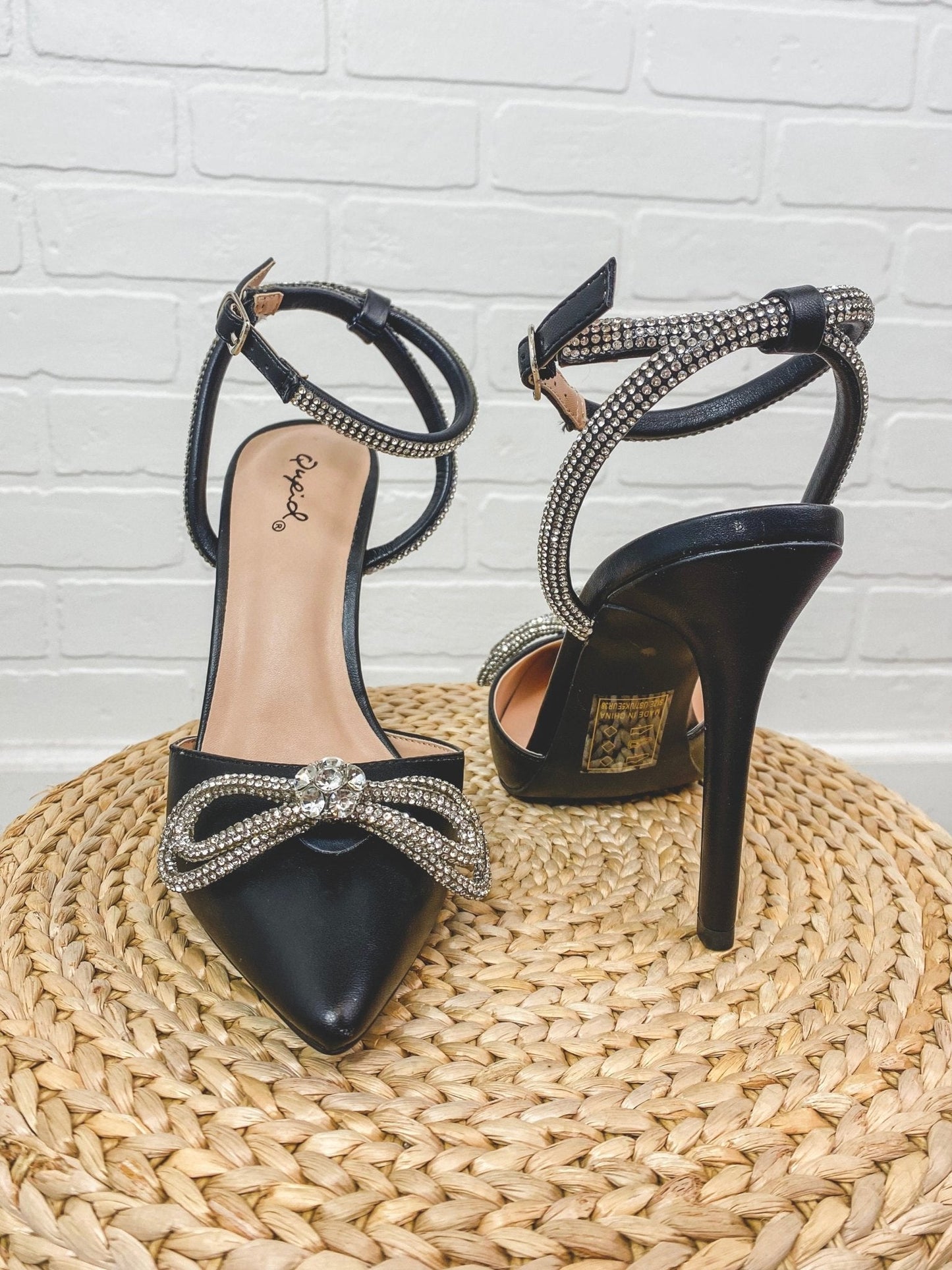 Show rhinestone ankle strap heel black