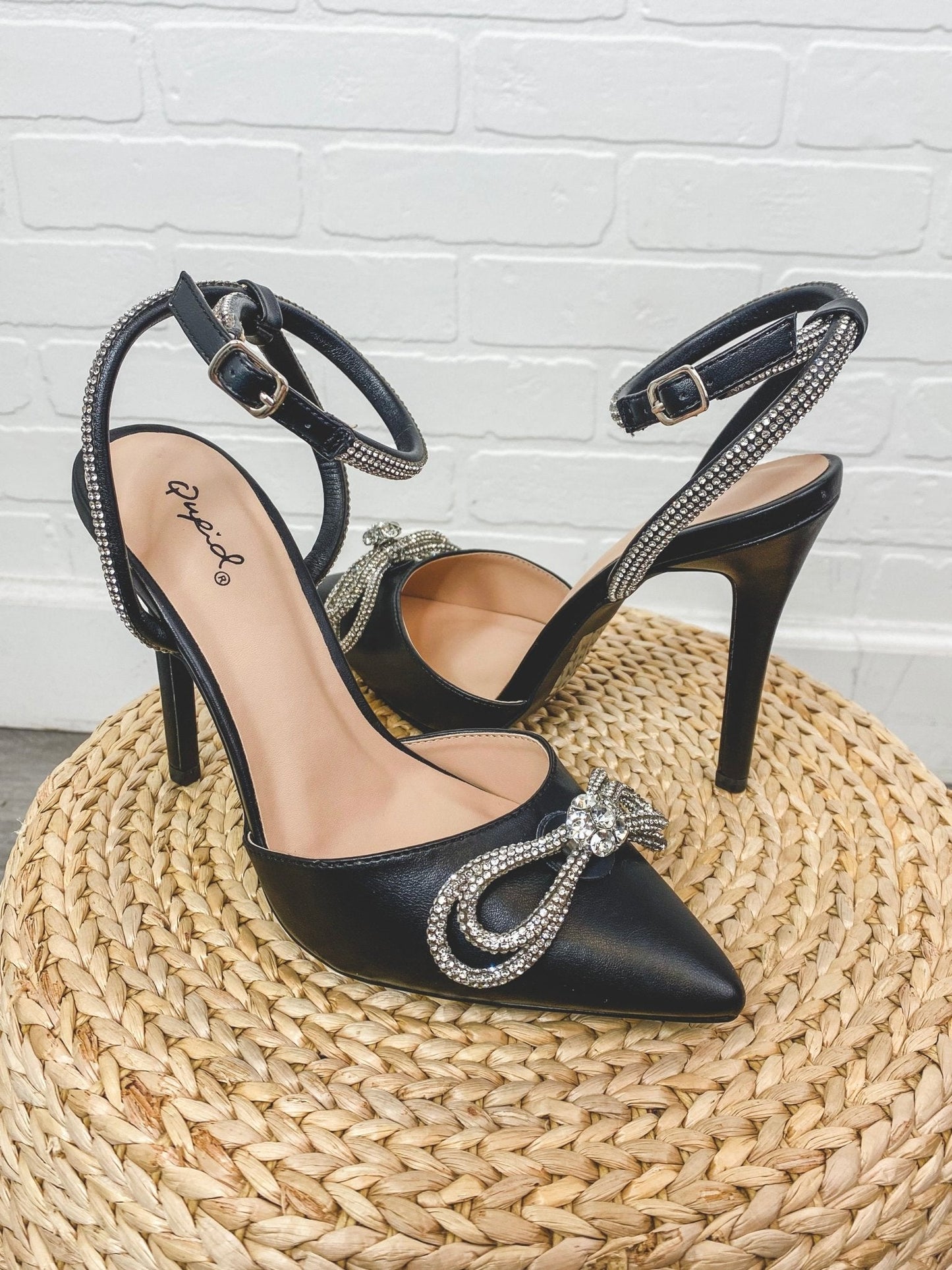 Show rhinestone ankle strap heel black