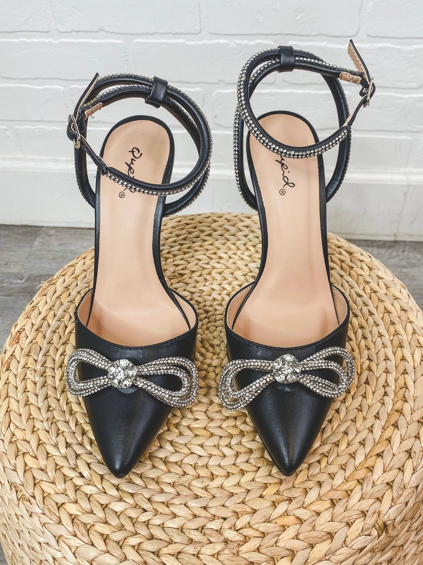 Show rhinestone ankle strap heel black