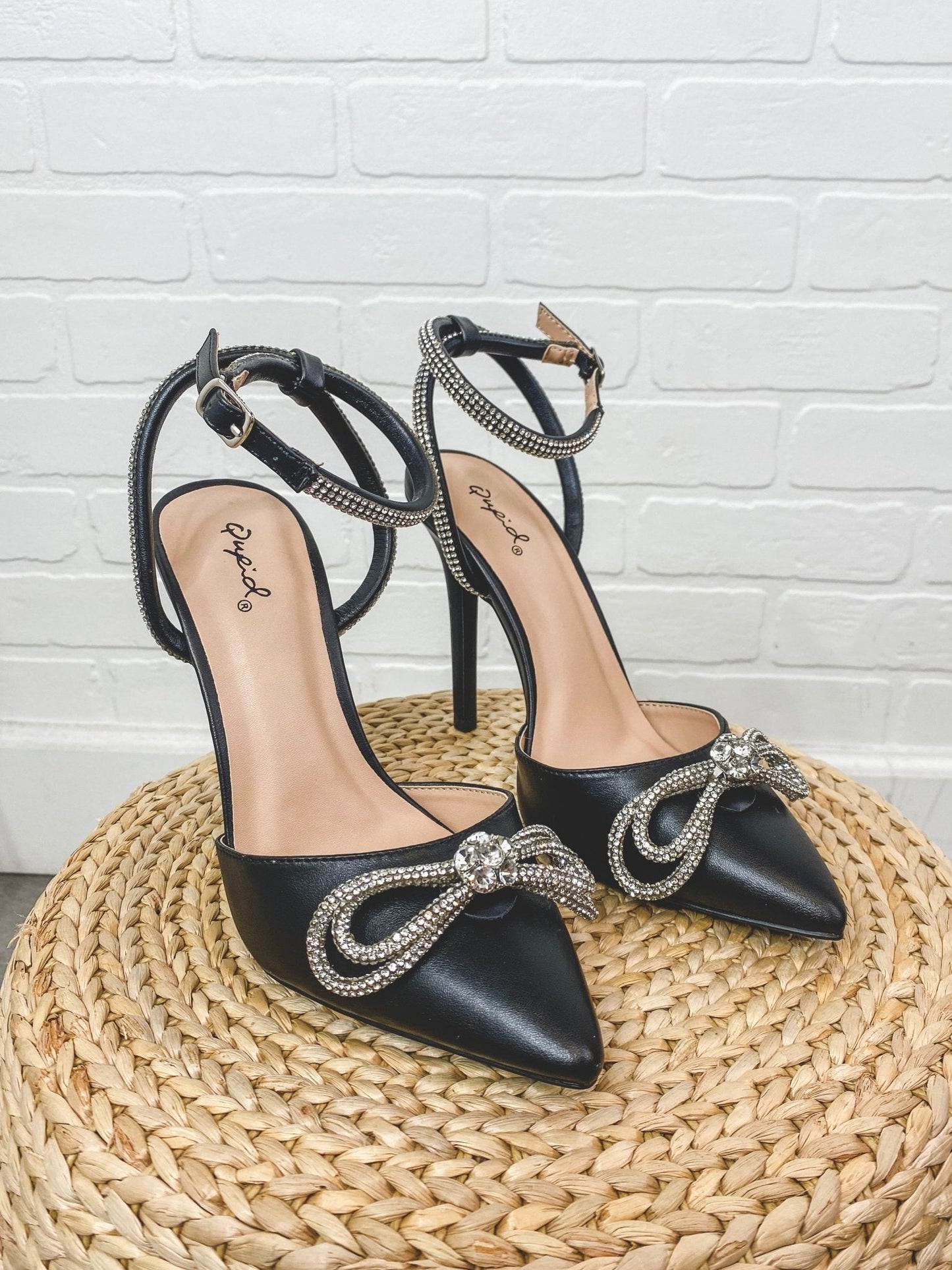 Show rhinestone ankle strap heel black